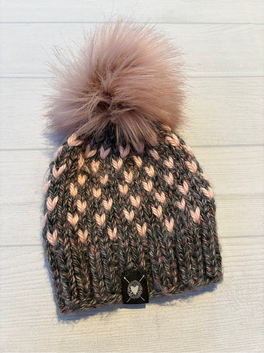 Chic Pink and Gray Kids Pom-Pom Beanie